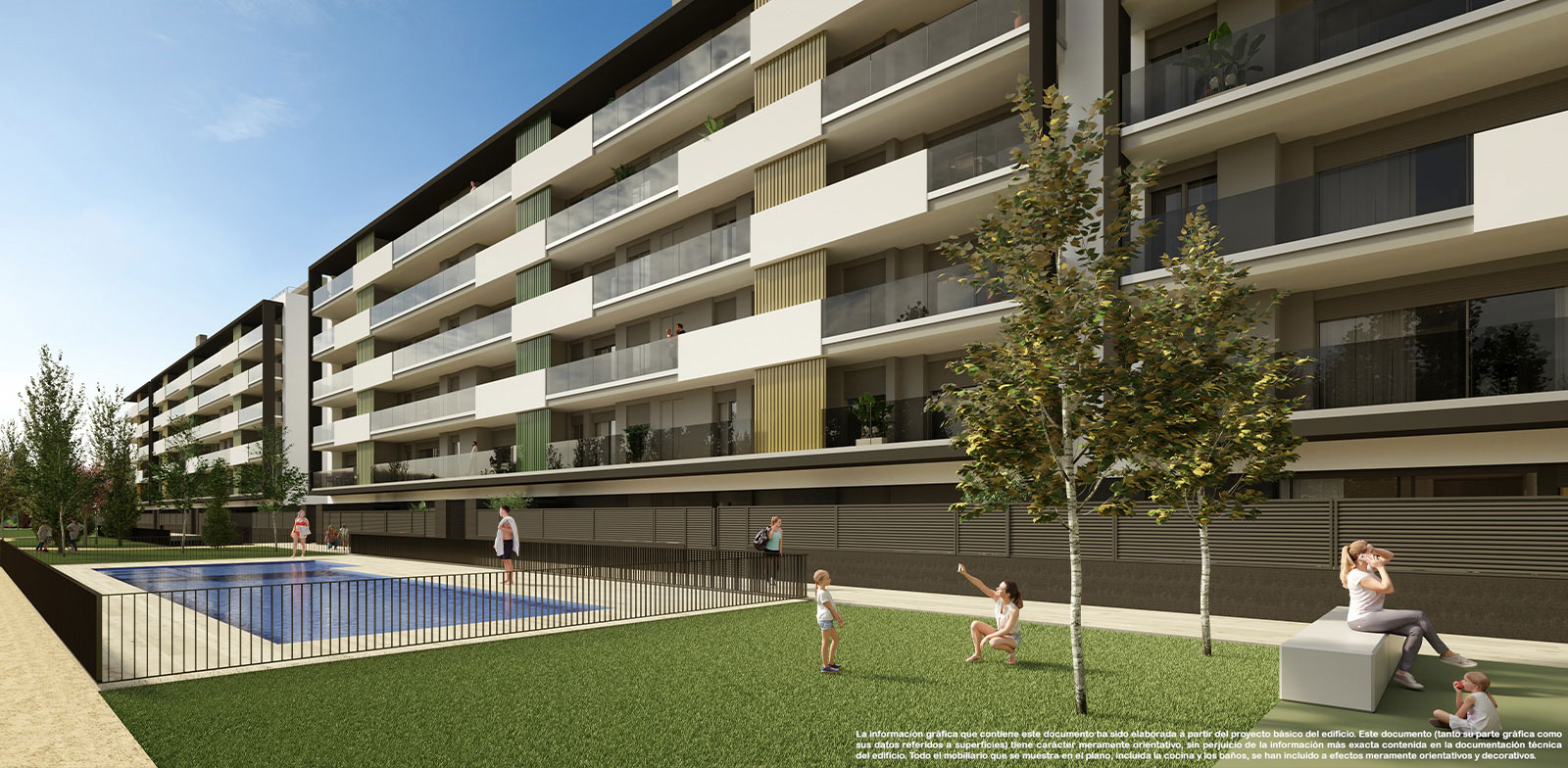 vista de la fachada del edificio Residencial Aire desde la zona verde y las piscinas ado derecho