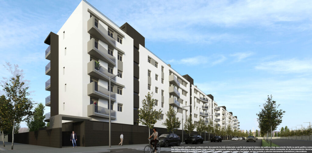 Vista exterior de la fachada del edificion Residencial Aire en Lleida desde el lado izquierdo